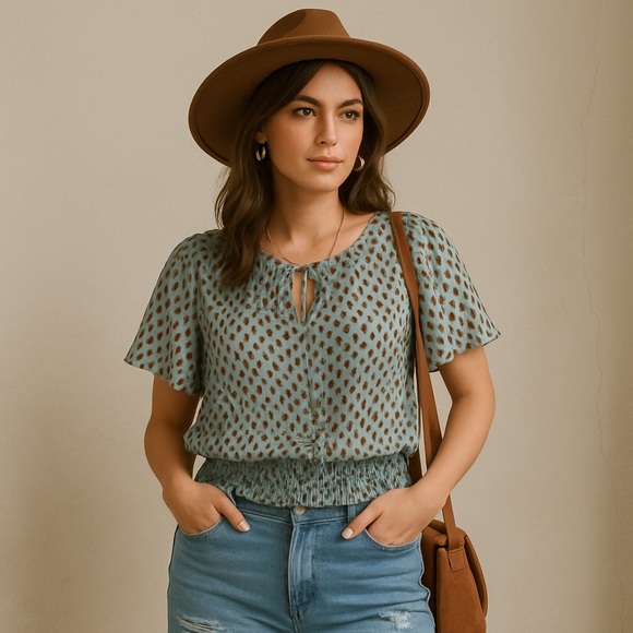 Laura Petites Teal Animal Print Metallic Short Sleeve Blouse 8 - Picture 1 of 15